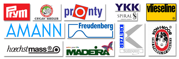Prym, Organ Needles, Pronty, YKK, Spiral Safisa, Vlieseline, Amann, Freudenberg, Kretzer, Koh-I-Noor, hoechstmass, Madeira